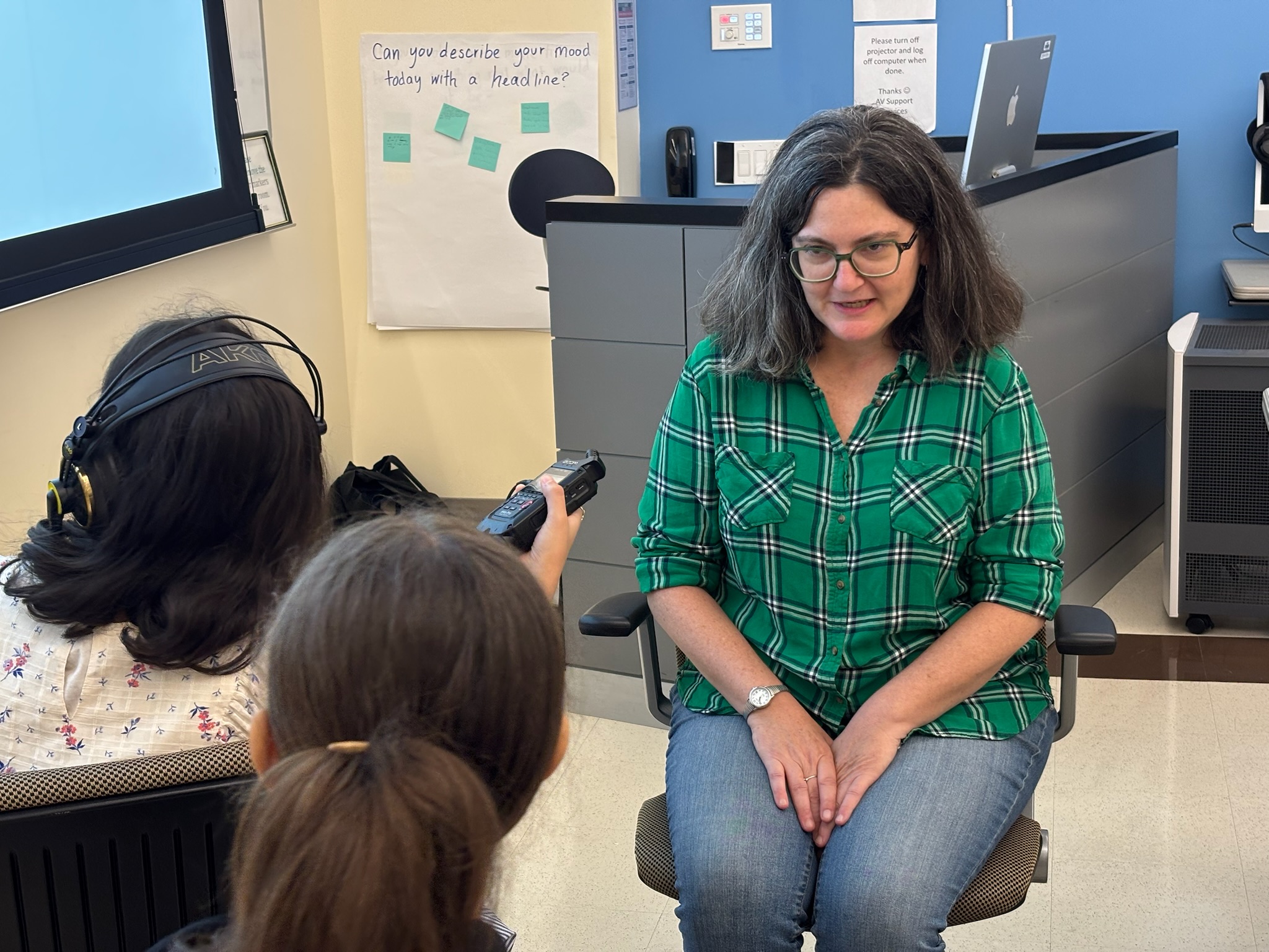 IndyKids reporters speak with Renée Feltz in July 2026 (Photo by IndyKids staff)
