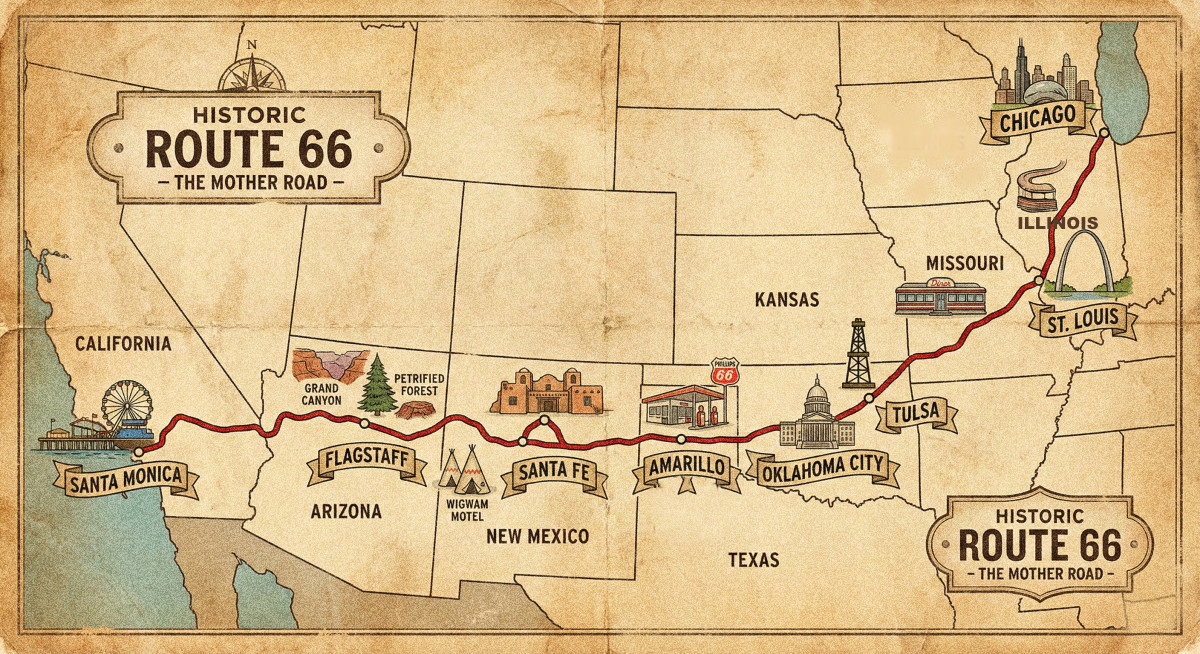 Vintage map showing the eight states along Historic U.S. Route 66. Image from www.route66roadtrip.com